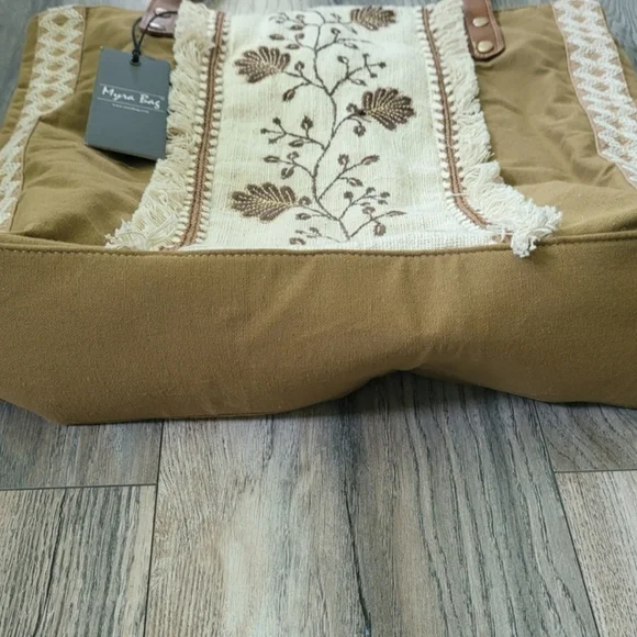 Myra Bag Jamee Jane Brown & Tan Embroidered Tote Shoulder Purse New With Tags - Picture 5 of 11